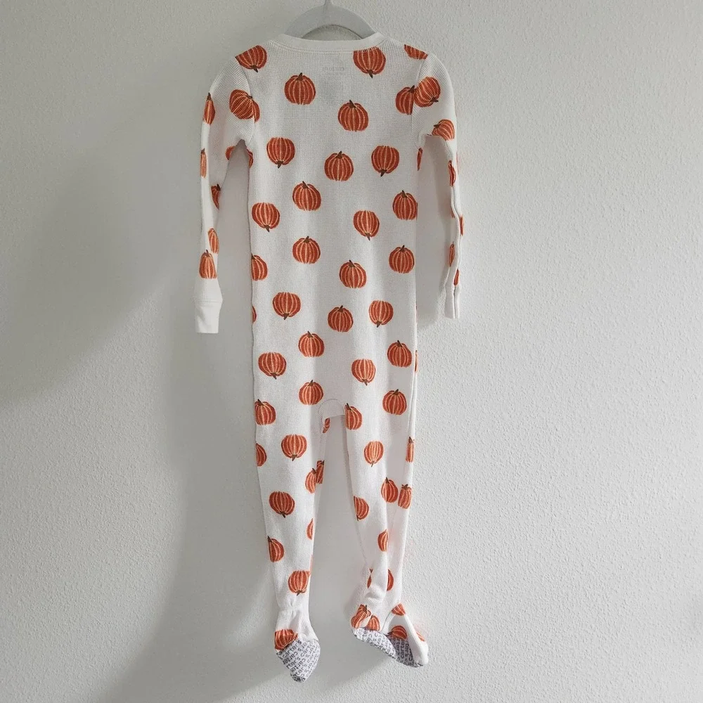 Toddler size 3T Pumpkin Footed Pajamas White Orange Waffle Knit Zip Up‎